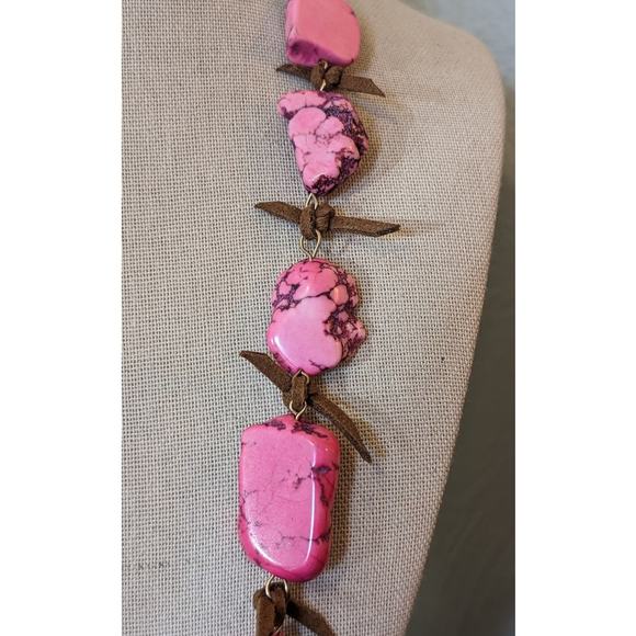 Pink Dyed Stone Necklace Strung Together w/ Rawhide Signed W - Picture 4 of 7
